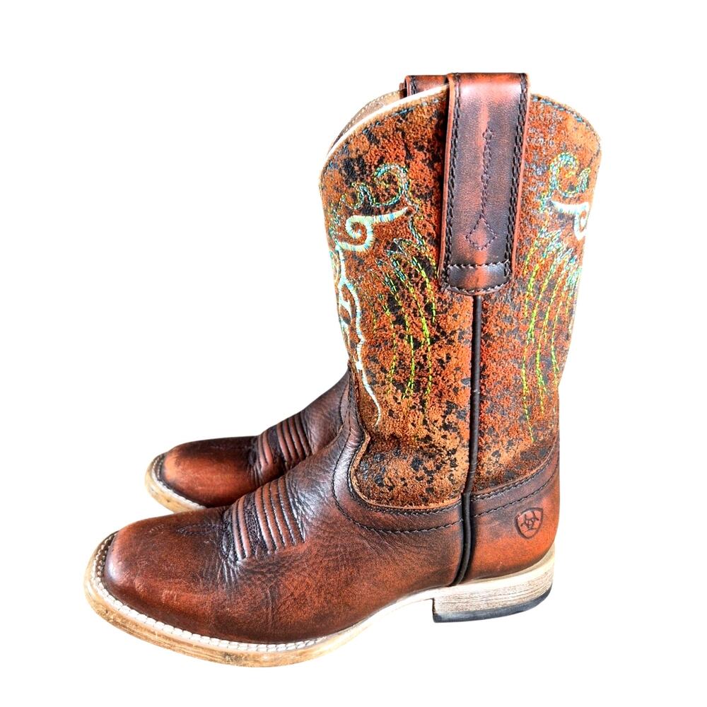 Ariat Youth Mesteno Square Toe Distressed Leather Embroidered Western Boots 10.5